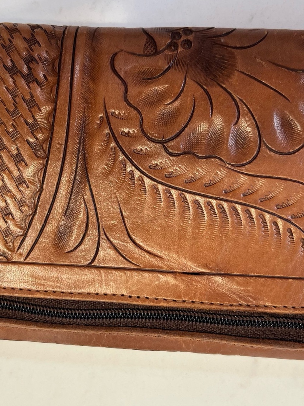 Hand-Tooled Tan Leather Wallet Clutch with Decorative Silver Concho - Picture 8 of 10